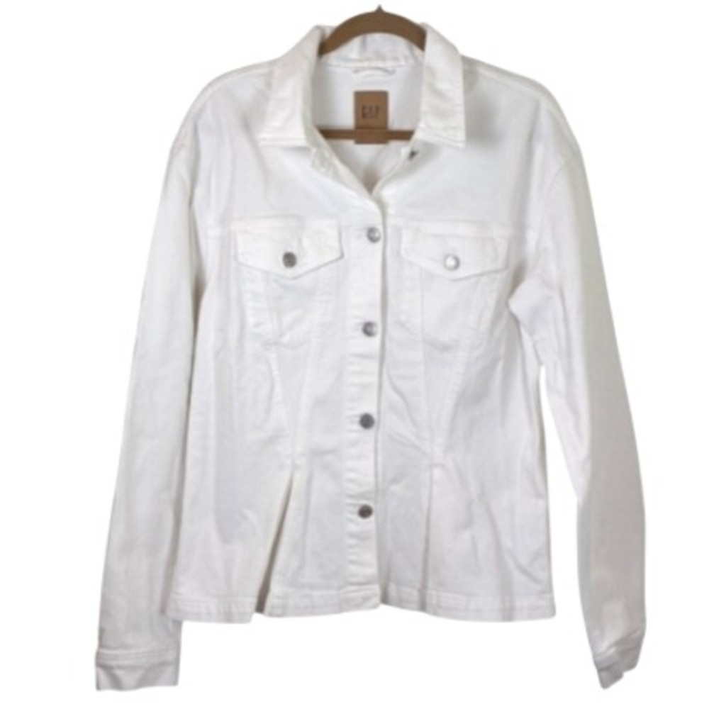 Gap Women's White Denim Jacket Cinched Pleated Stretch Minimalist Casual XL Tall